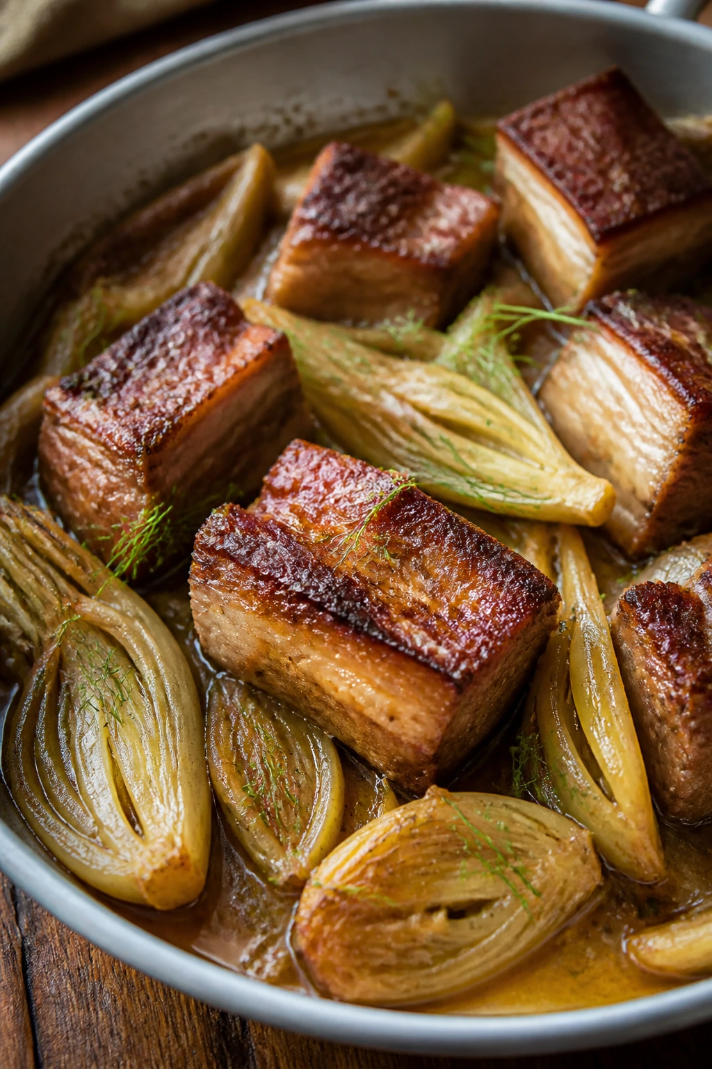 Pork belly braised with fennel and white wine on a plate