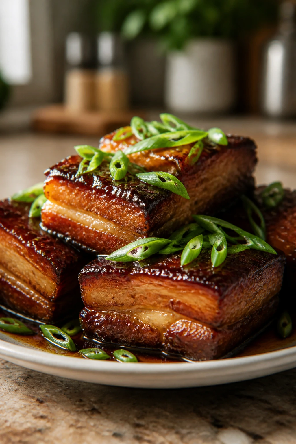 Five-spice pork belly with scallions on a plate