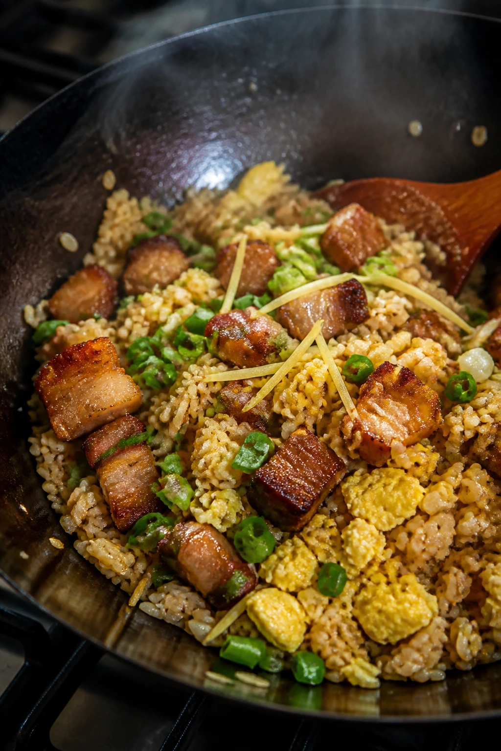 Pork belly fried rice with ginger and scallions in a wok