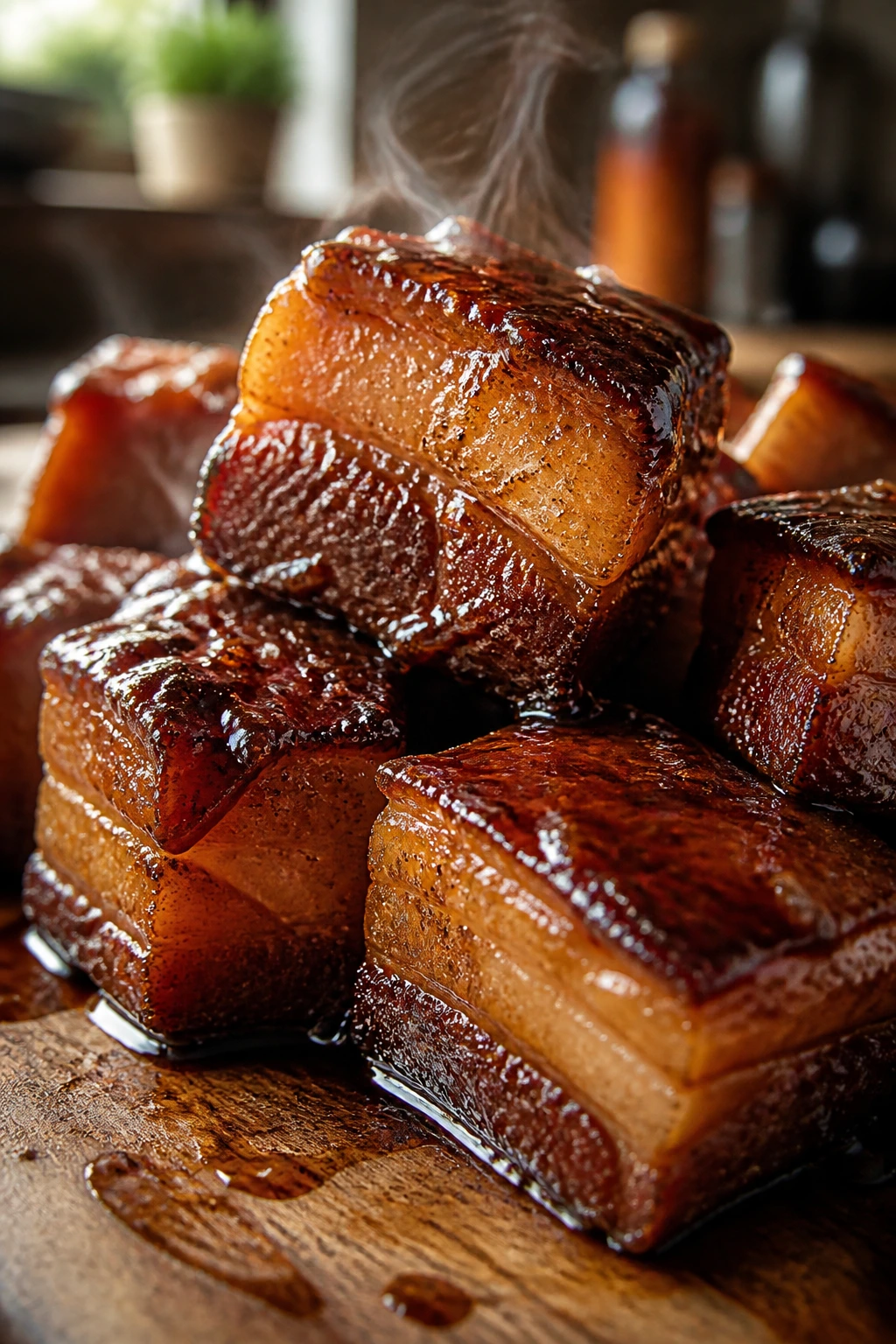 Close-up of glossy pork belly chunks with lacquered glaze in a warm kitchen