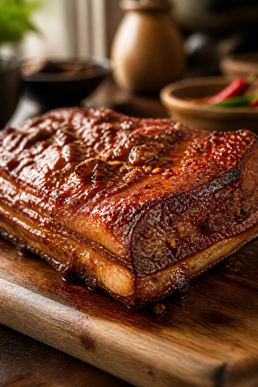 Close-up of glossy glazed pork belly on a wooden cutting board