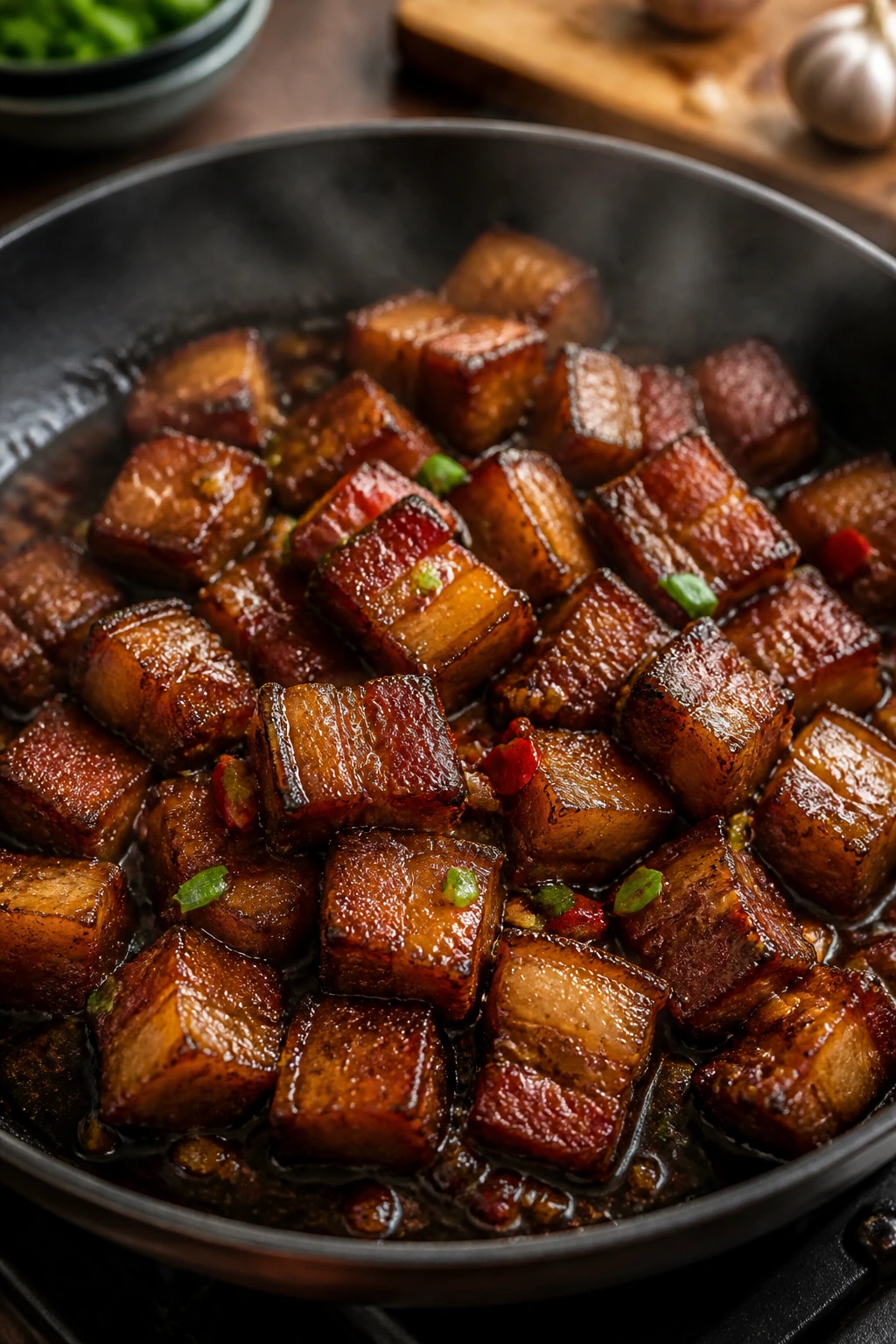 Pork belly cubes in glossy glaze simmering in pan