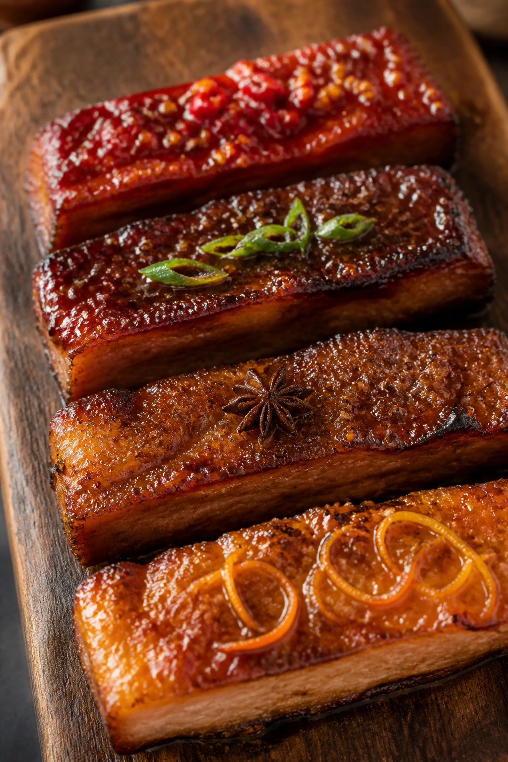 Close-up of four glazed pork belly slices on a rustic board, each with a distinct glaze
