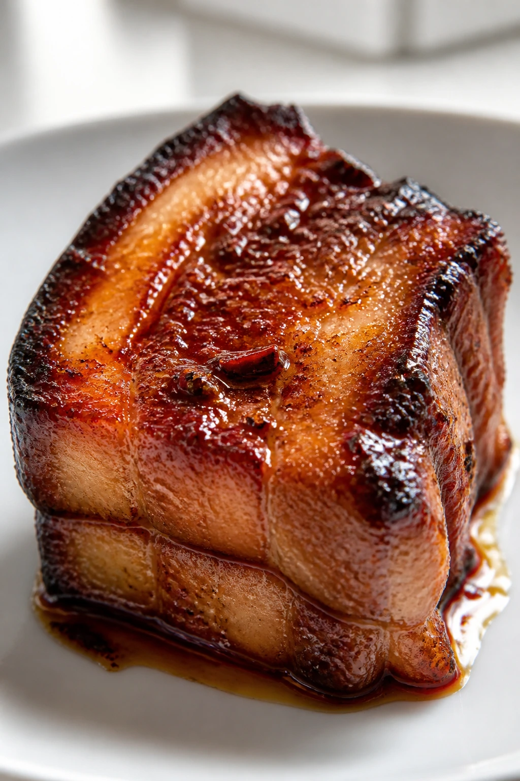 Close-up of pork belly with brown glaze and crisp edge on plate
