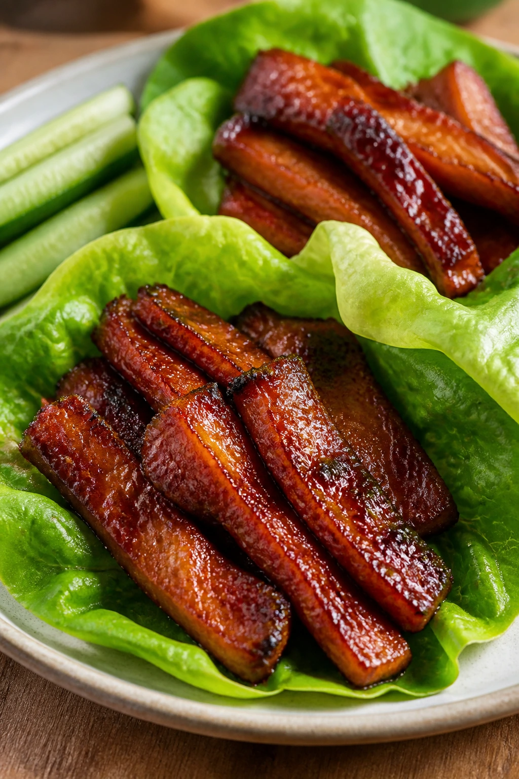 Glazed pork belly lettuce wraps on a plate