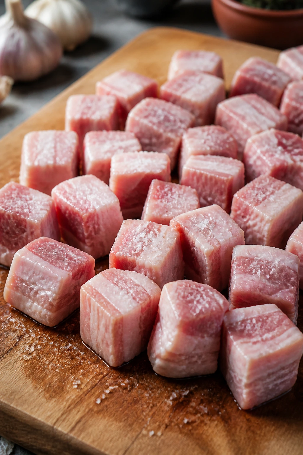 Raw cubed pork belly on cutting board with visible salt crystals