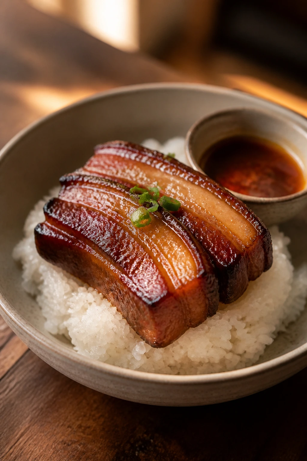 Pork belly atop jasmine rice with glossy sauce, minimal garnish