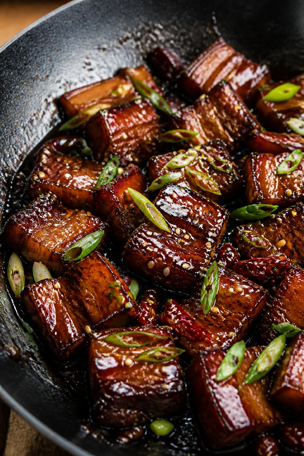 Pork belly lacquered with glossy glaze and sesame, ready to toss
