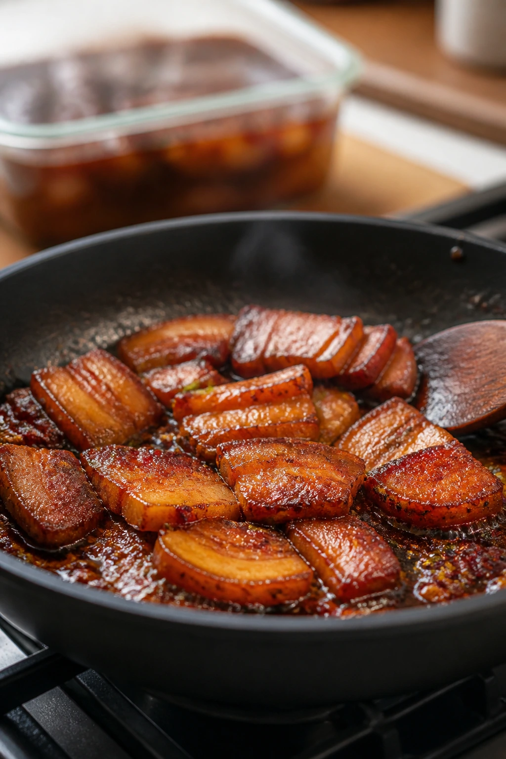 Reheating pork belly in a skillet with glossy glaze in a home kitchen