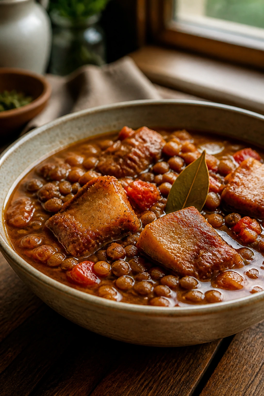 Close-up of Pork Belly and Lentil Stew with Tomato and Bay in a rustic bowl