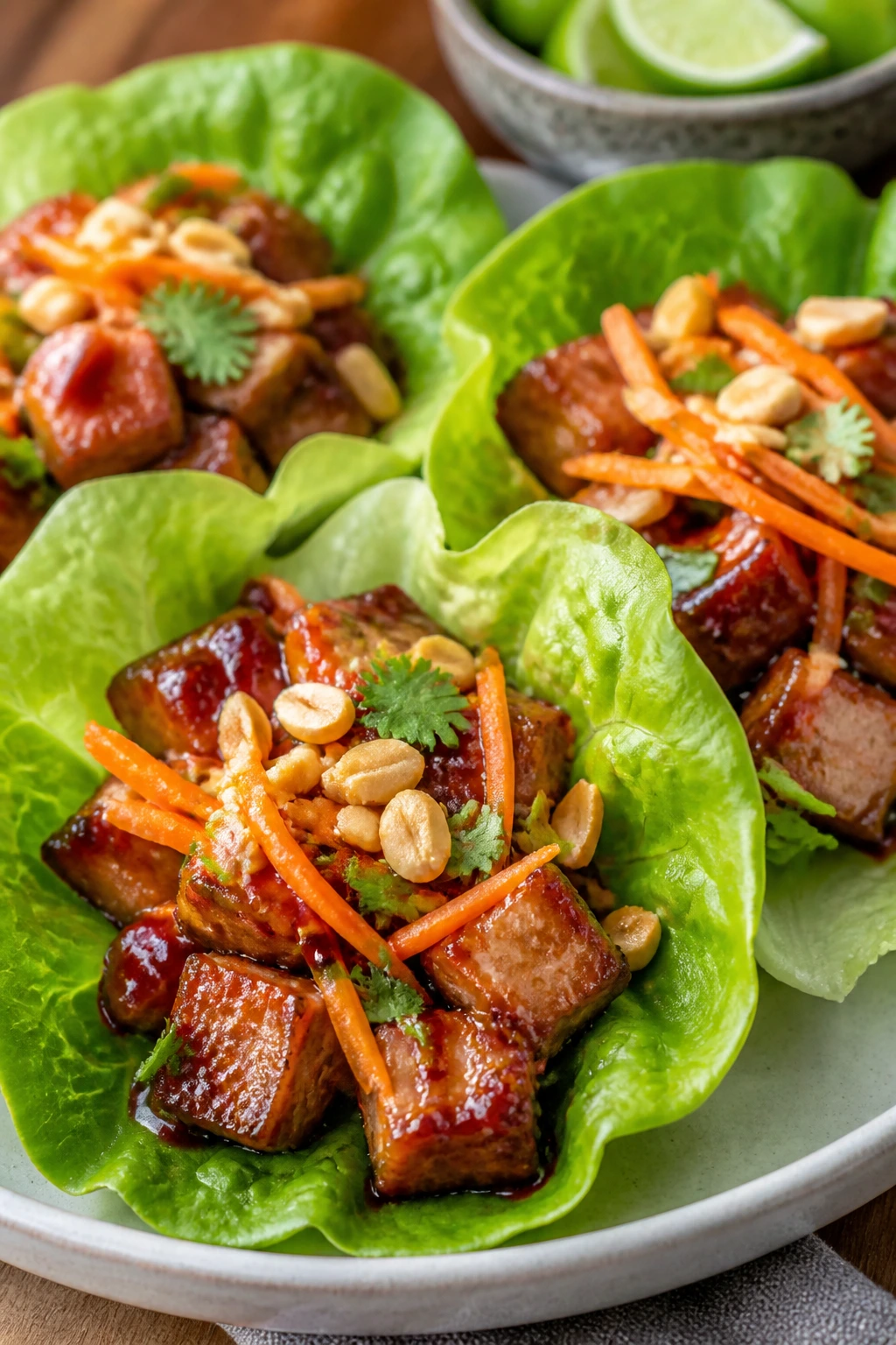 Lettuce cups filled with pork belly and toppings