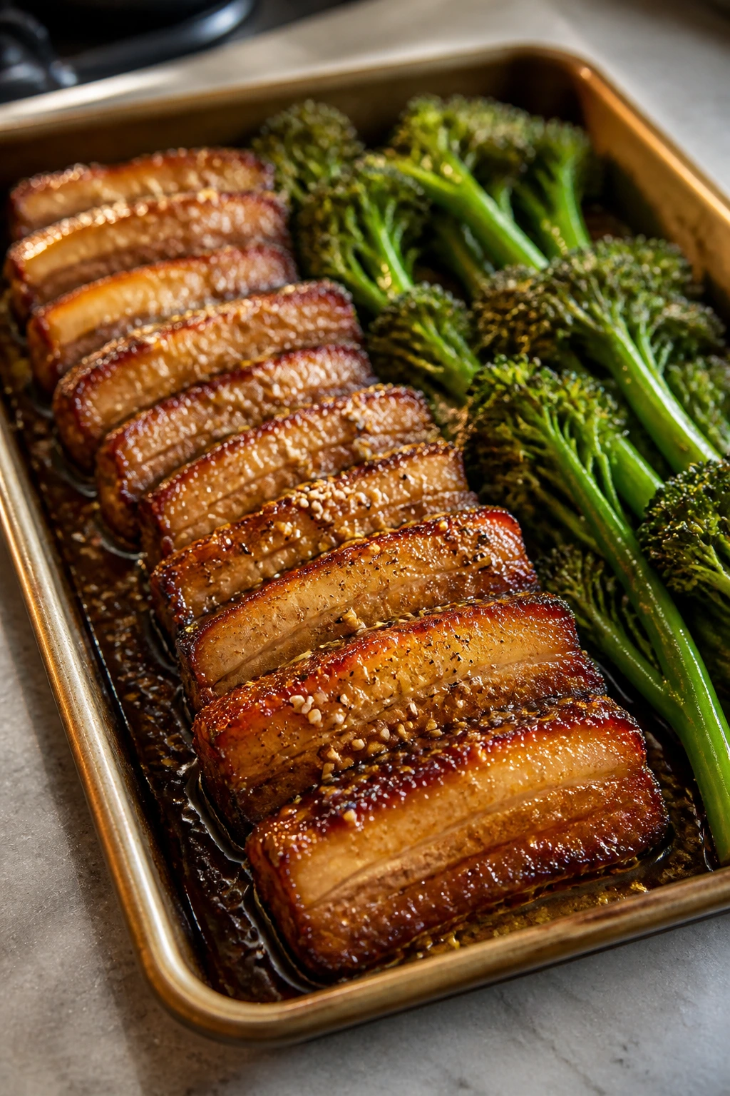 Miso-glazed pork belly with sesame broccolini on a sheet pan