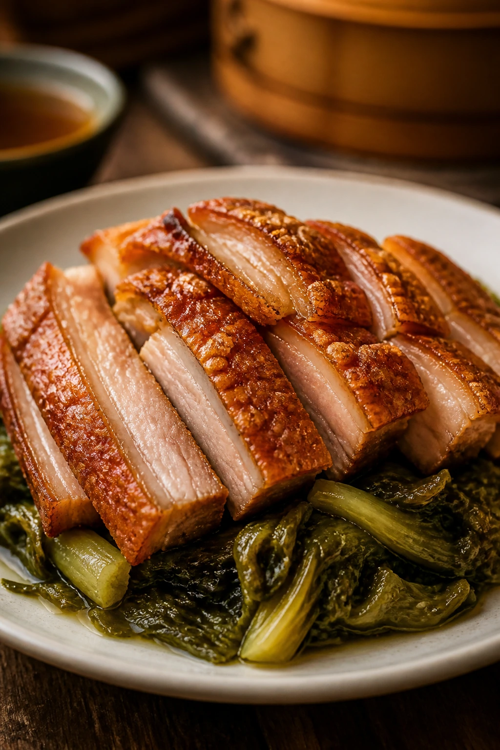 Cantonese crispy pork belly with mustard greens