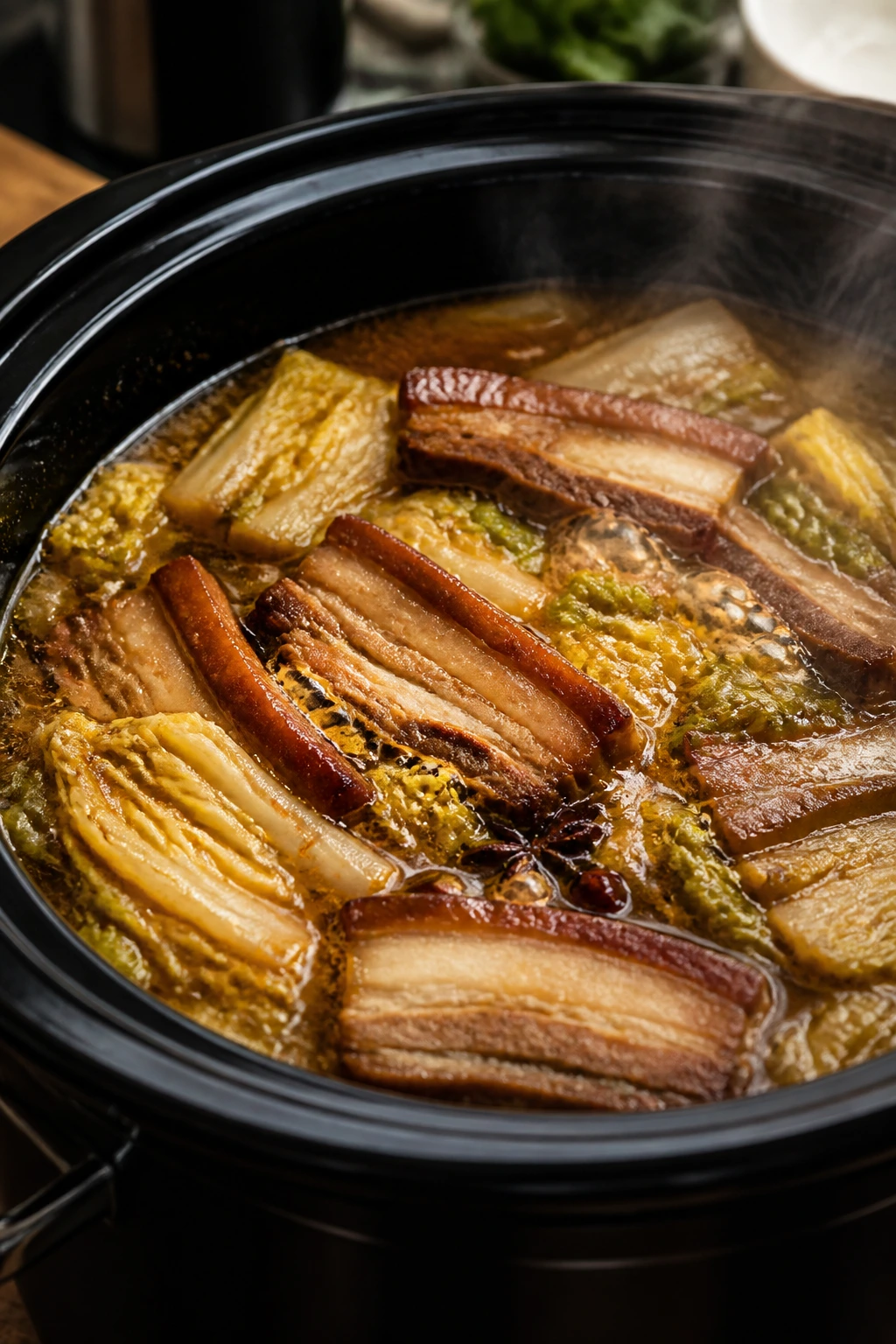 Pork belly and napa cabbage in hot pot, steaming