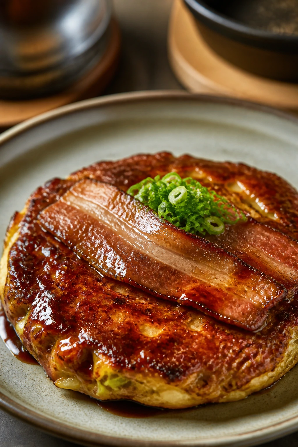 Osaka pork belly stacked okonomiyaki pancake on plate