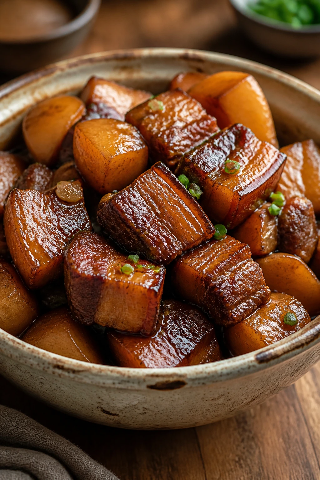 Pork belly and potatoes in glossy braise