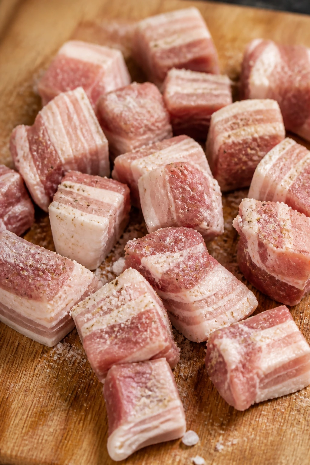 Dried and salted pork belly cubes on cutting board
