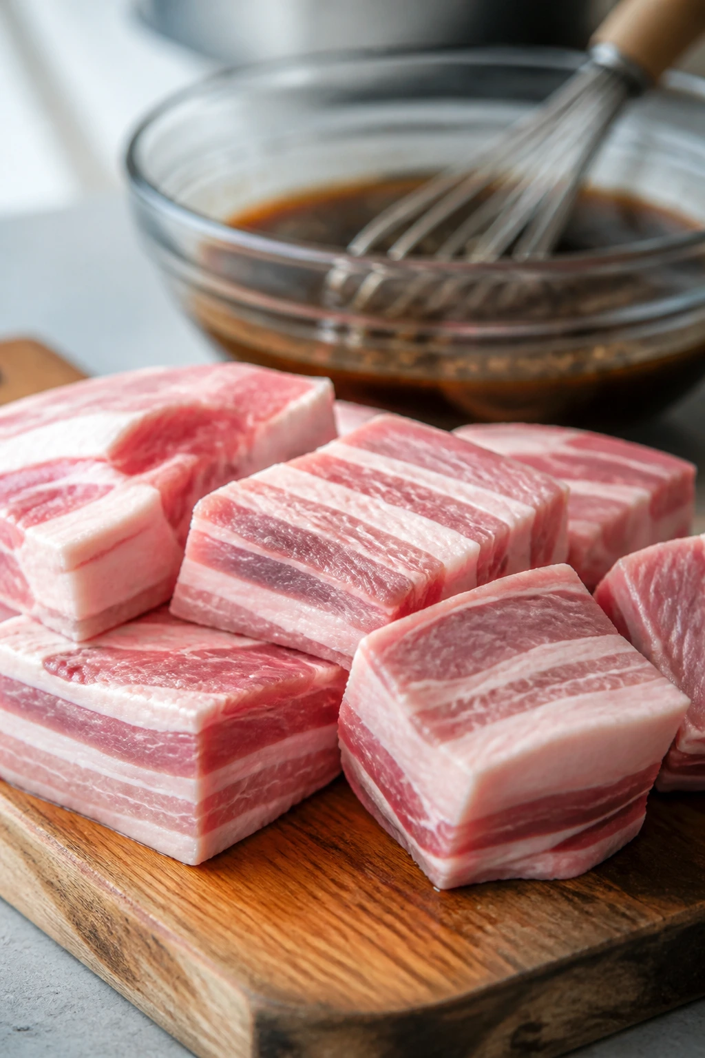 Raw pork belly pieces on a cutting board ready for prep with sauce nearby