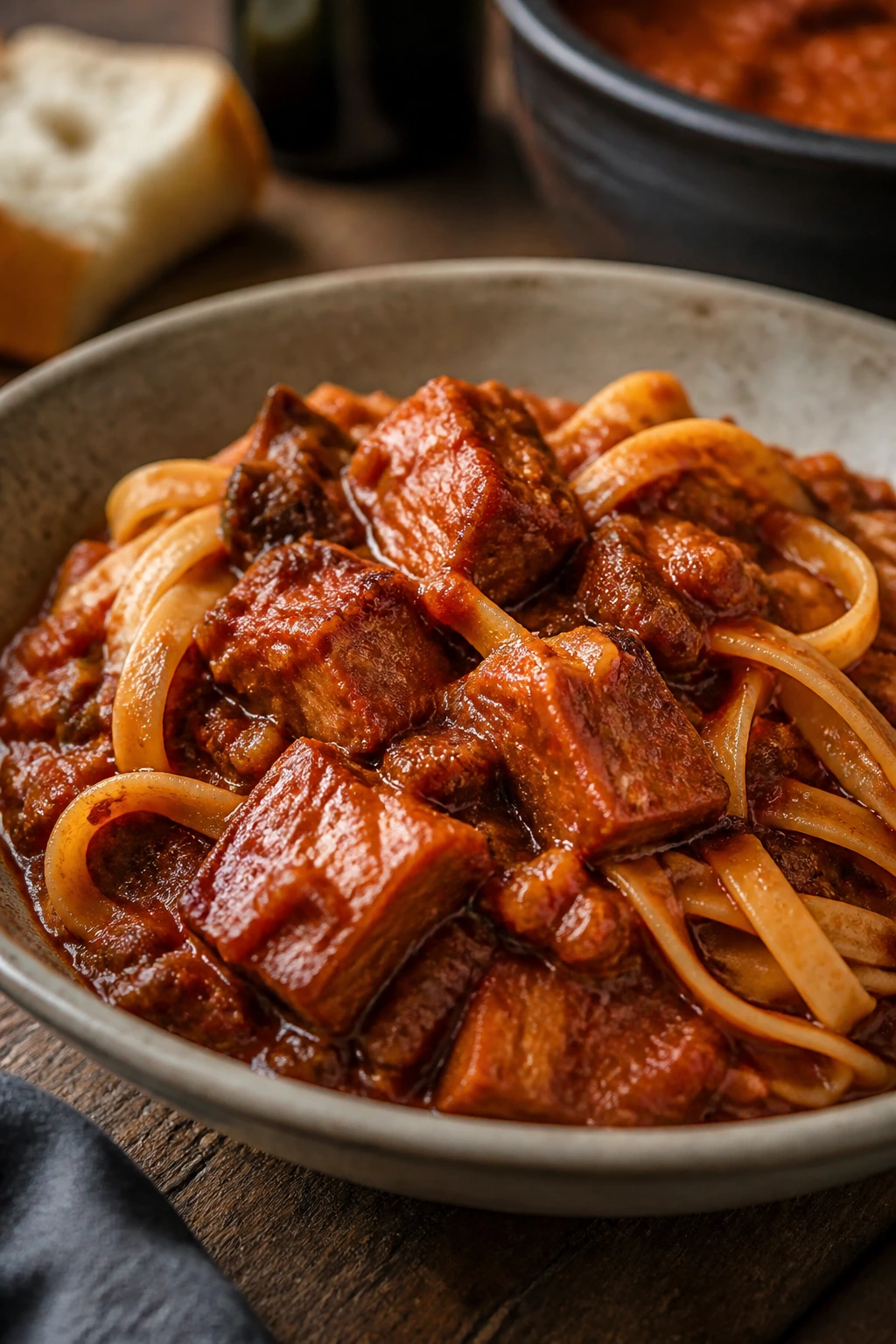 Pork belly ragù with pasta in tomato-red wine sauce