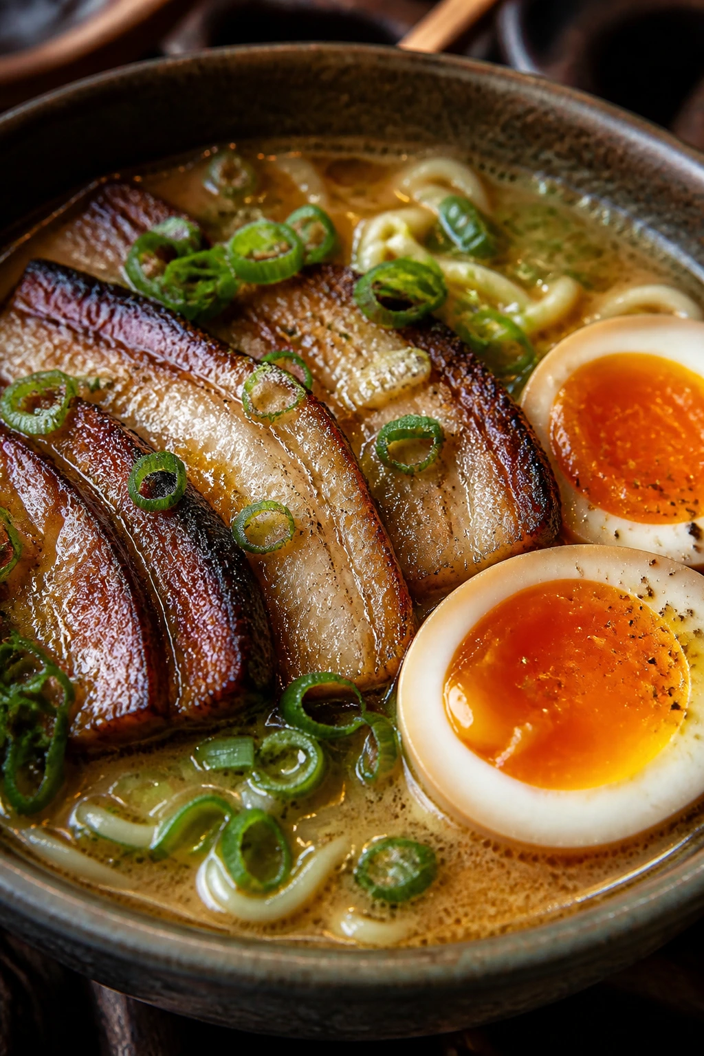 Pork belly ramen with jammy eggs and scallions