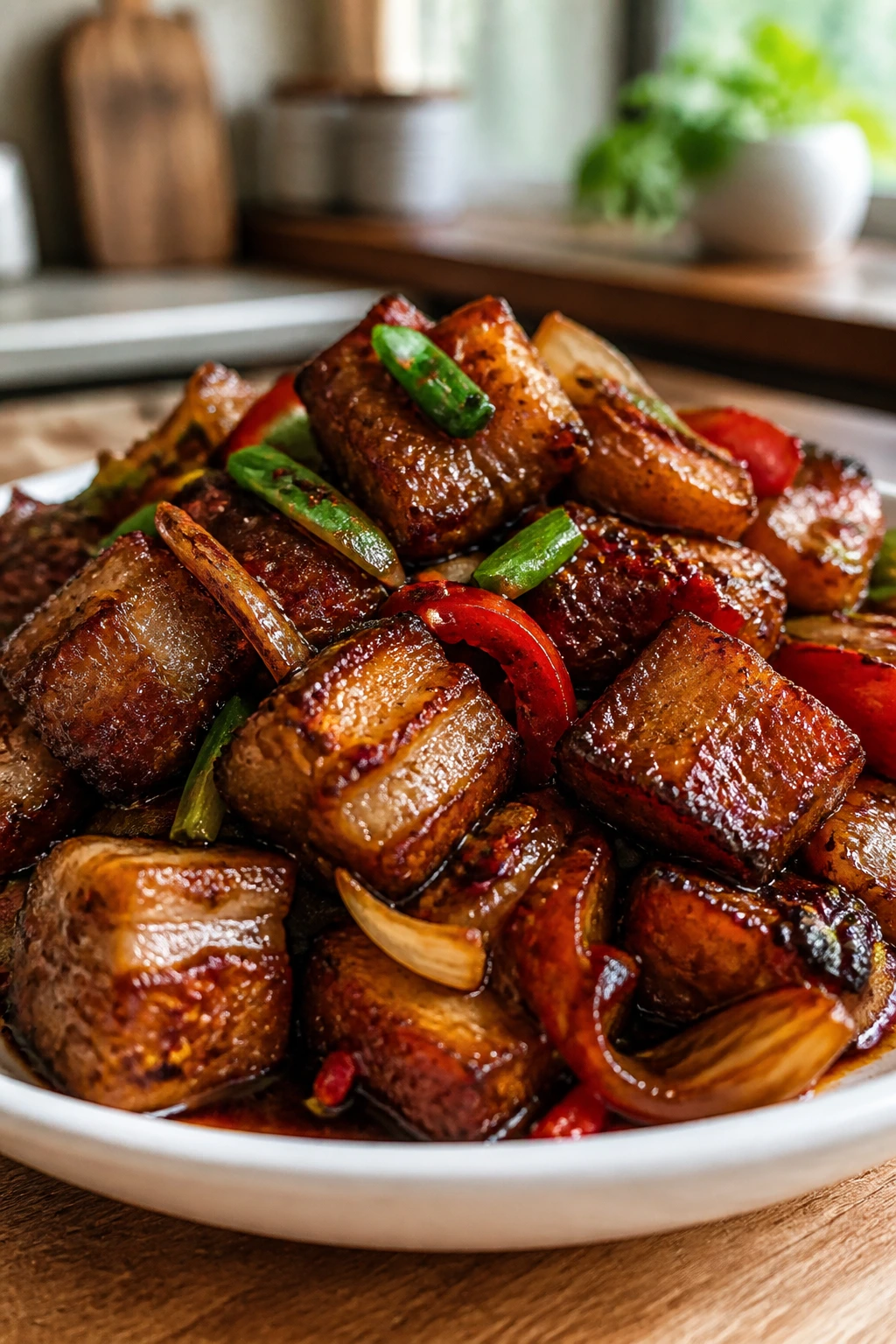 Close-up of glossy pork belly cubes on plate in a bright kitchen