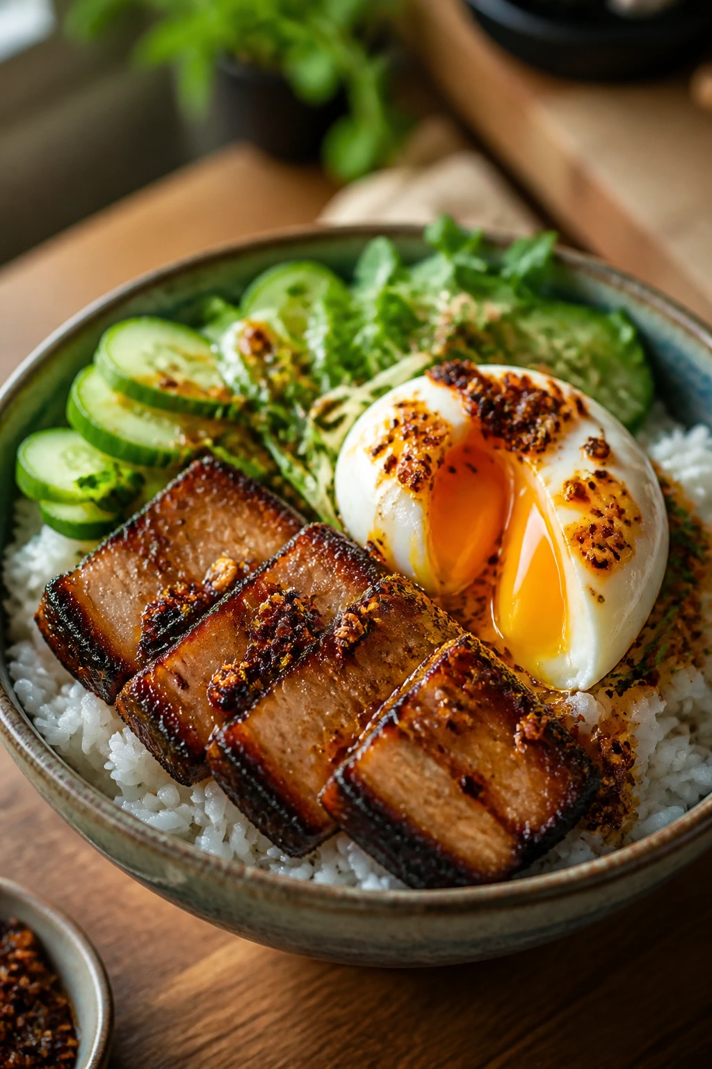Close-up of Pork Belly Rice Bowls with Chili Crisp and Soft Eggs