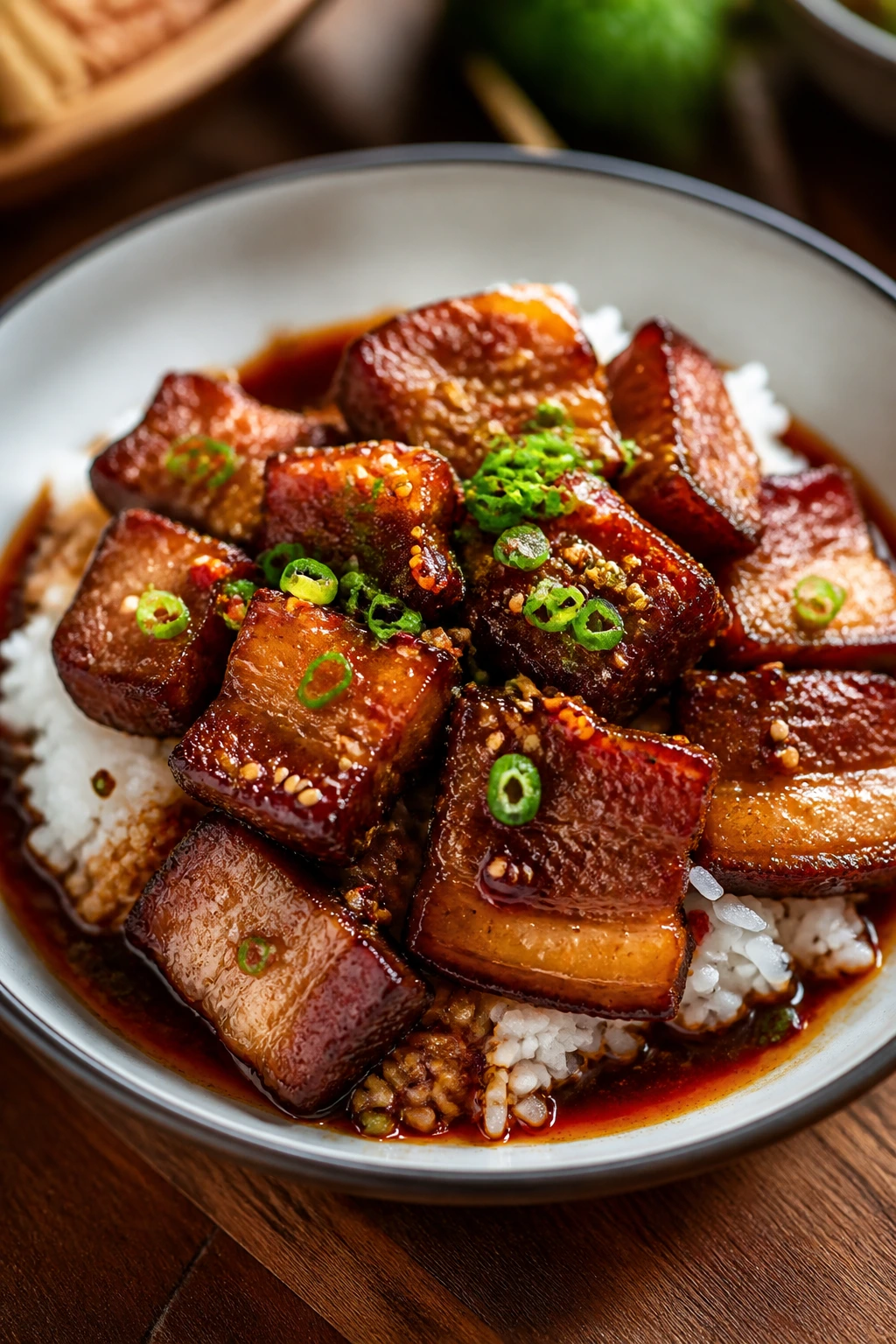 Bowl of lacquered pork belly over jasmine rice with sauce at the sides