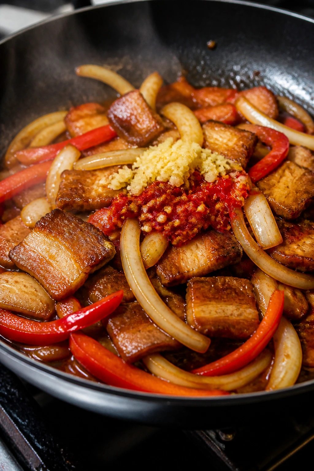 Pan with onions, peppers and aromatics forming a spicy glaze around pork belly