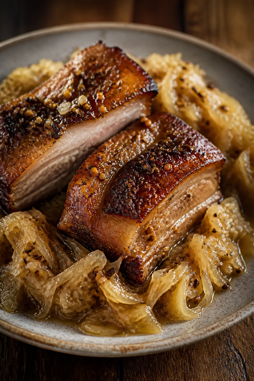 Close-up of Pork Belly with Sauerkraut Caraway Mustard