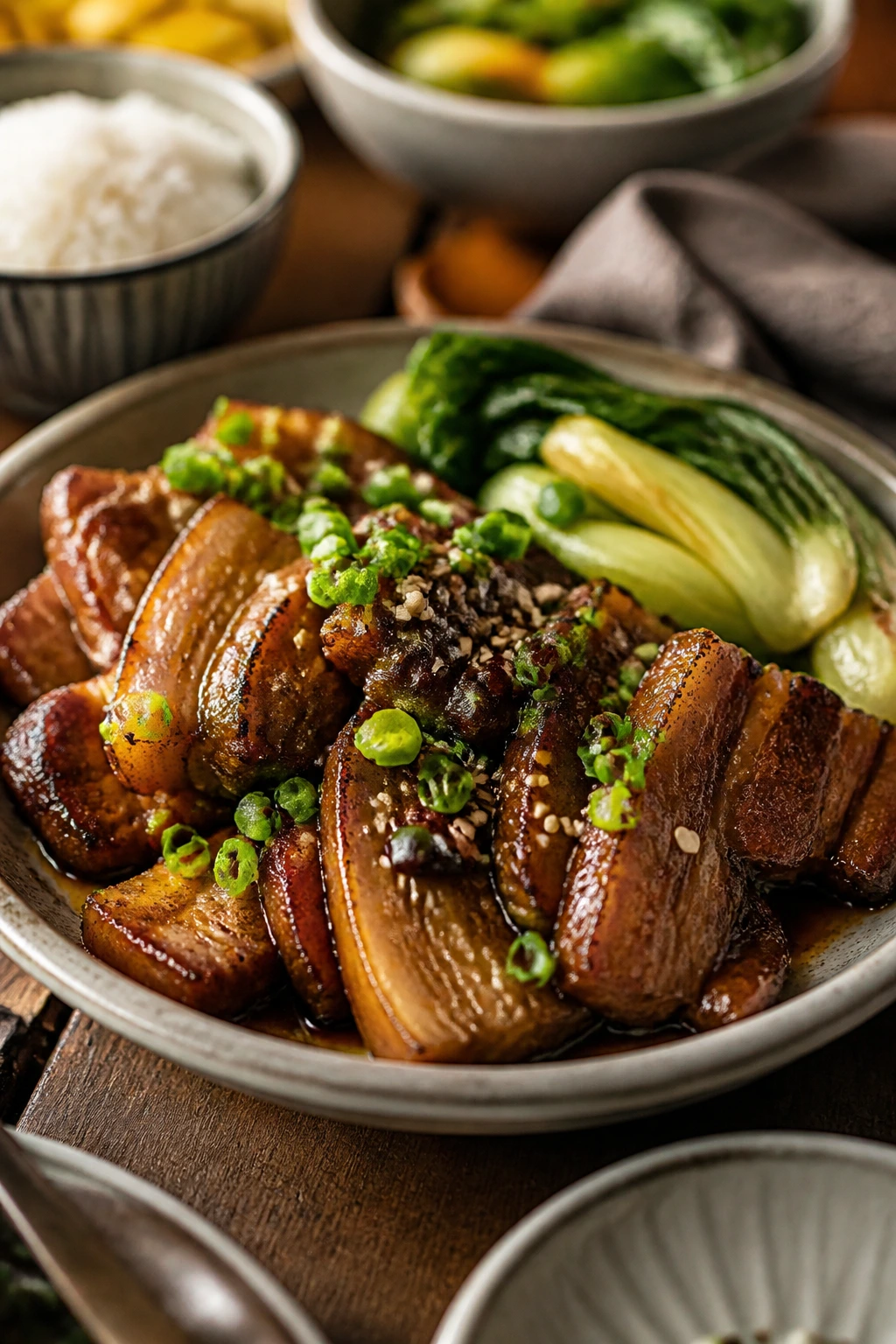 Pork belly plated with glaze and garnish