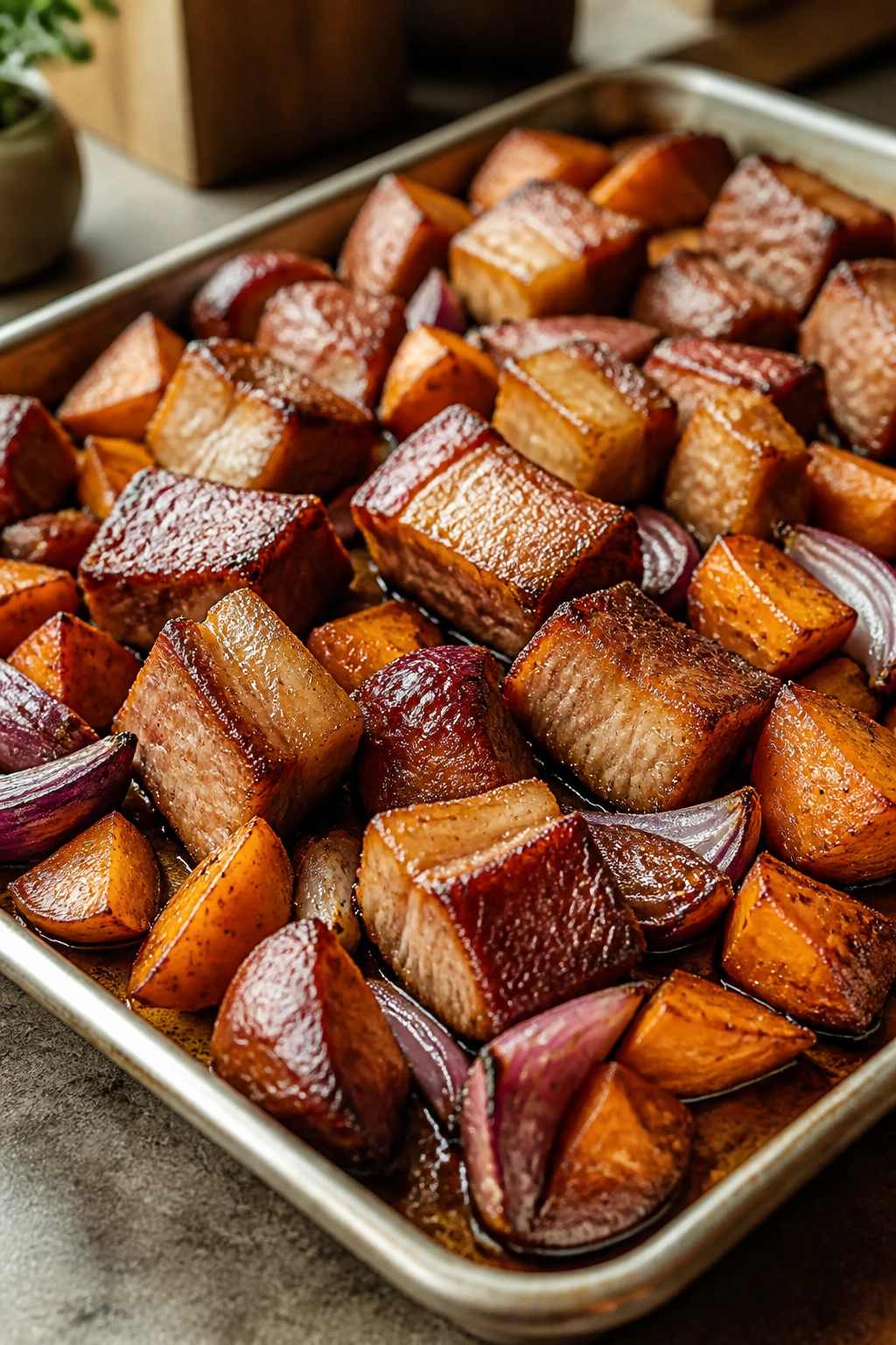 Close-up of pork belly and sweet potato sheet-pan dinner with caramelized edges