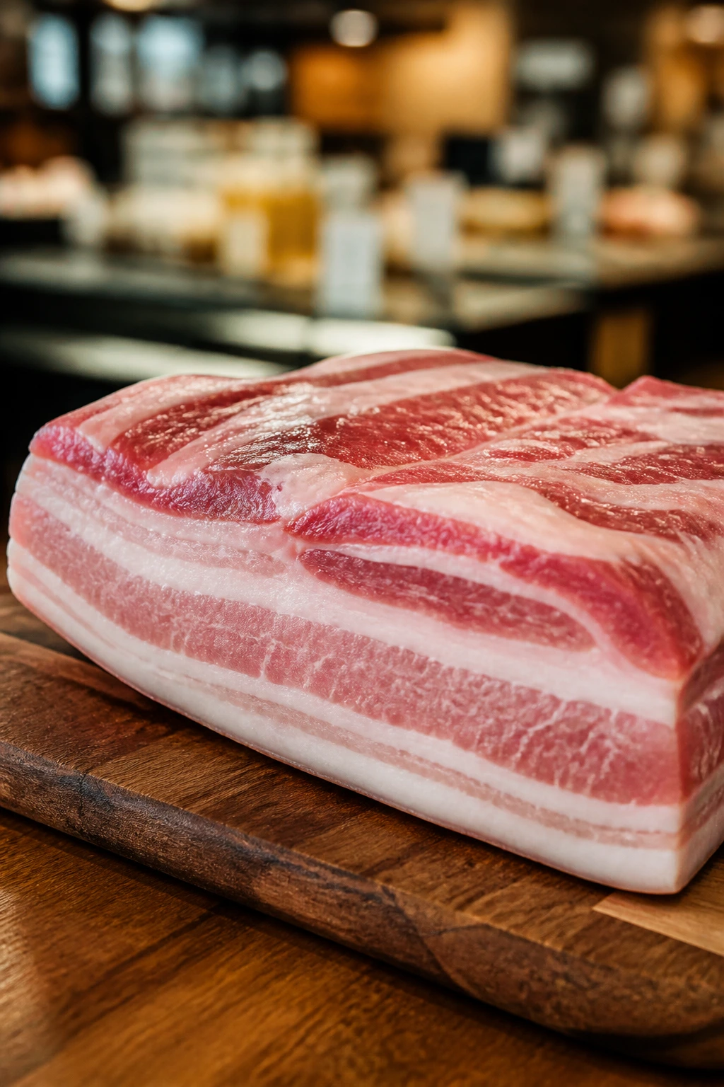 Well-marbled pork belly slab on cutting board