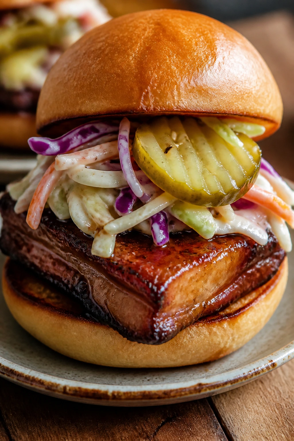 Close-up of pork belly slider with slaw and pickles