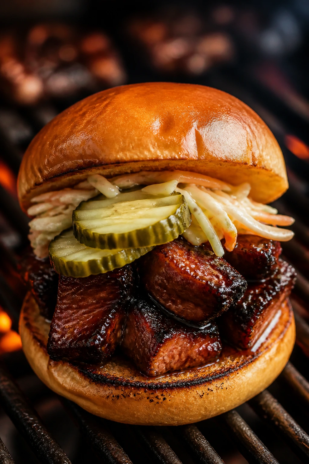 Pork belly burnt-end slider with glossy glaze and pickle on a bun