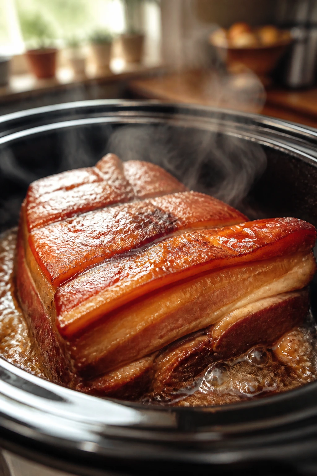 Close-up of glossy pork belly in a slow cooker insert with steam in a warm kitchen