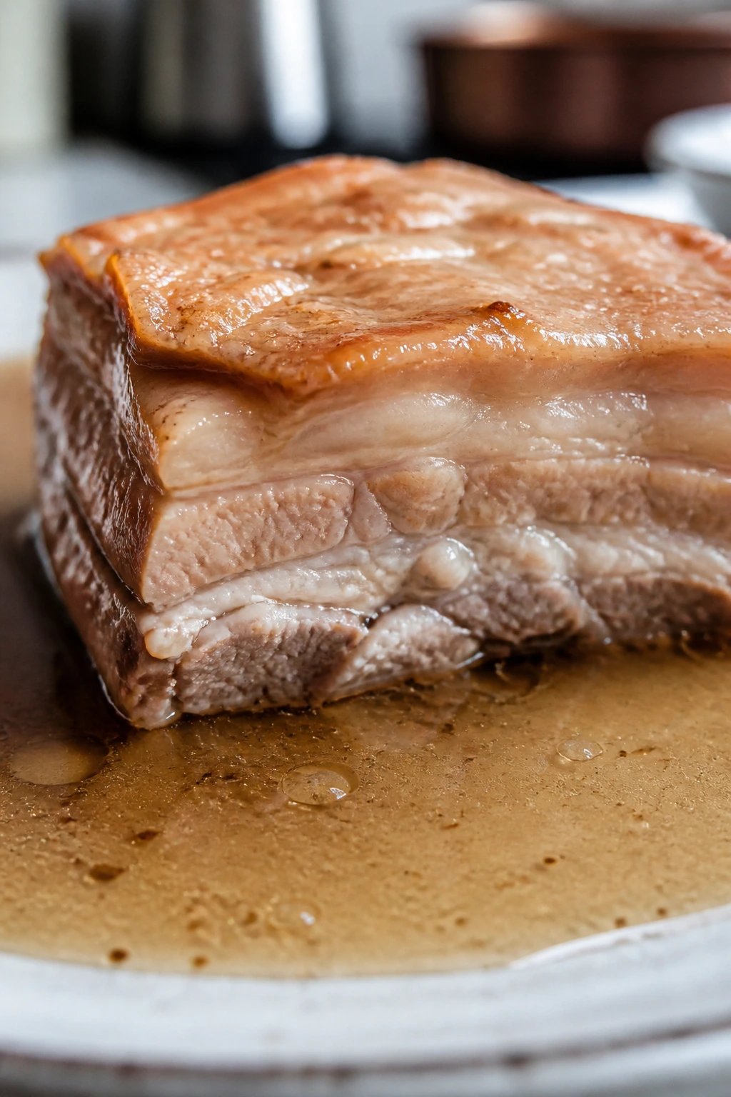 Pork belly slab with excess liquid on counter illustrating common mistakes