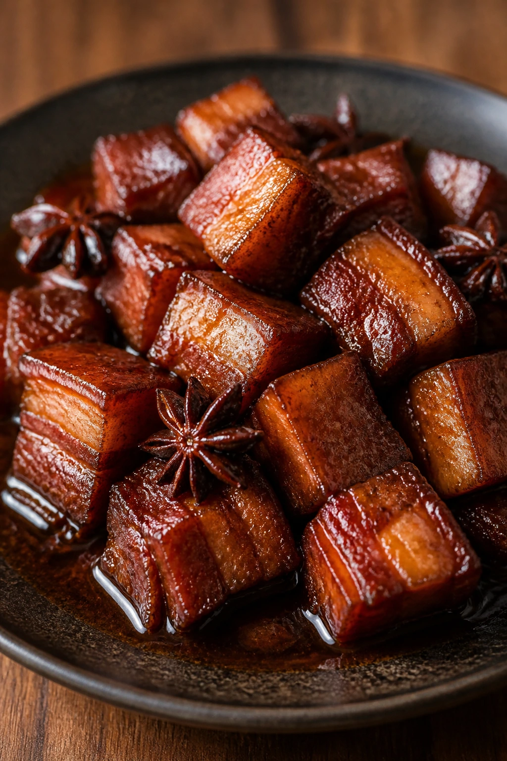Close-up of glossy pork belly with star anise