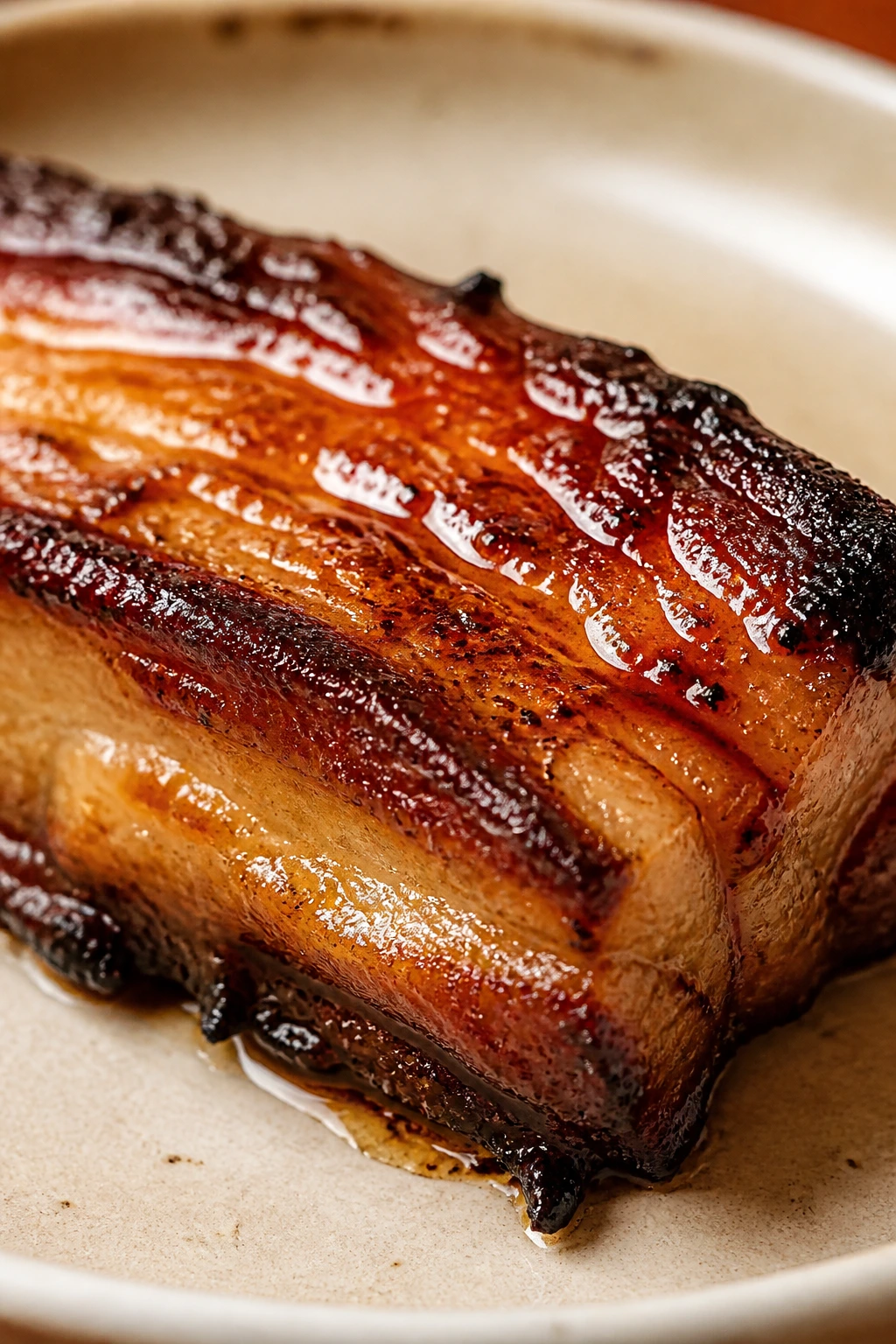 Close-up of a glossy sticky pork belly slice with bronzed edges