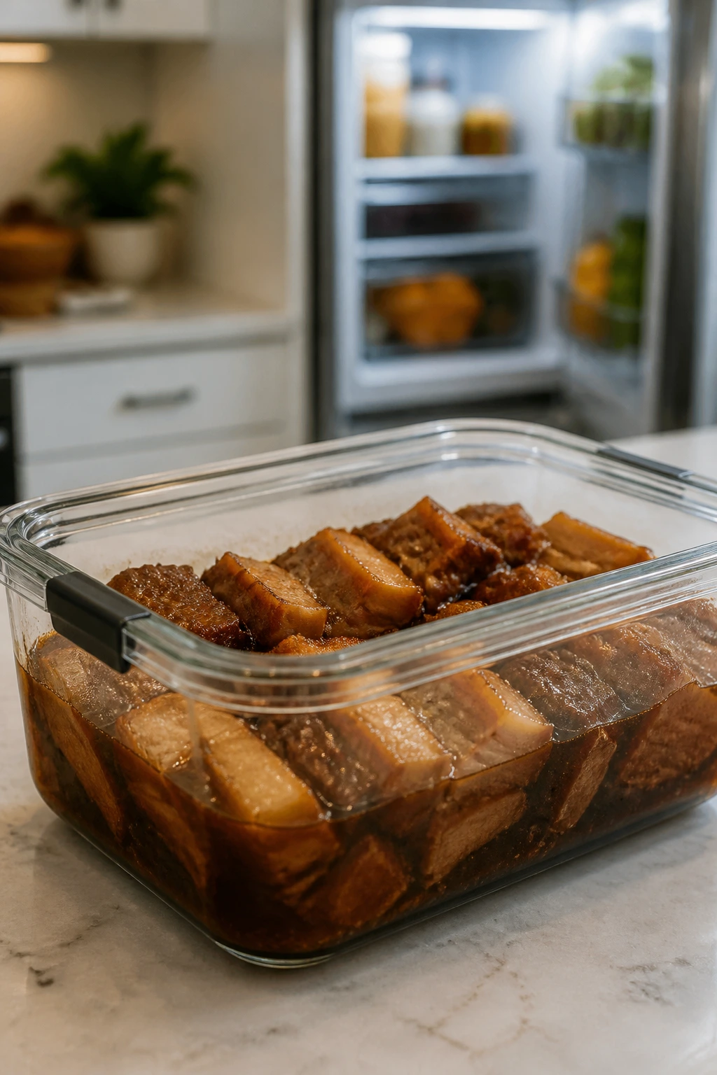Glass storage container with pork belly and sauce on a kitchen counter