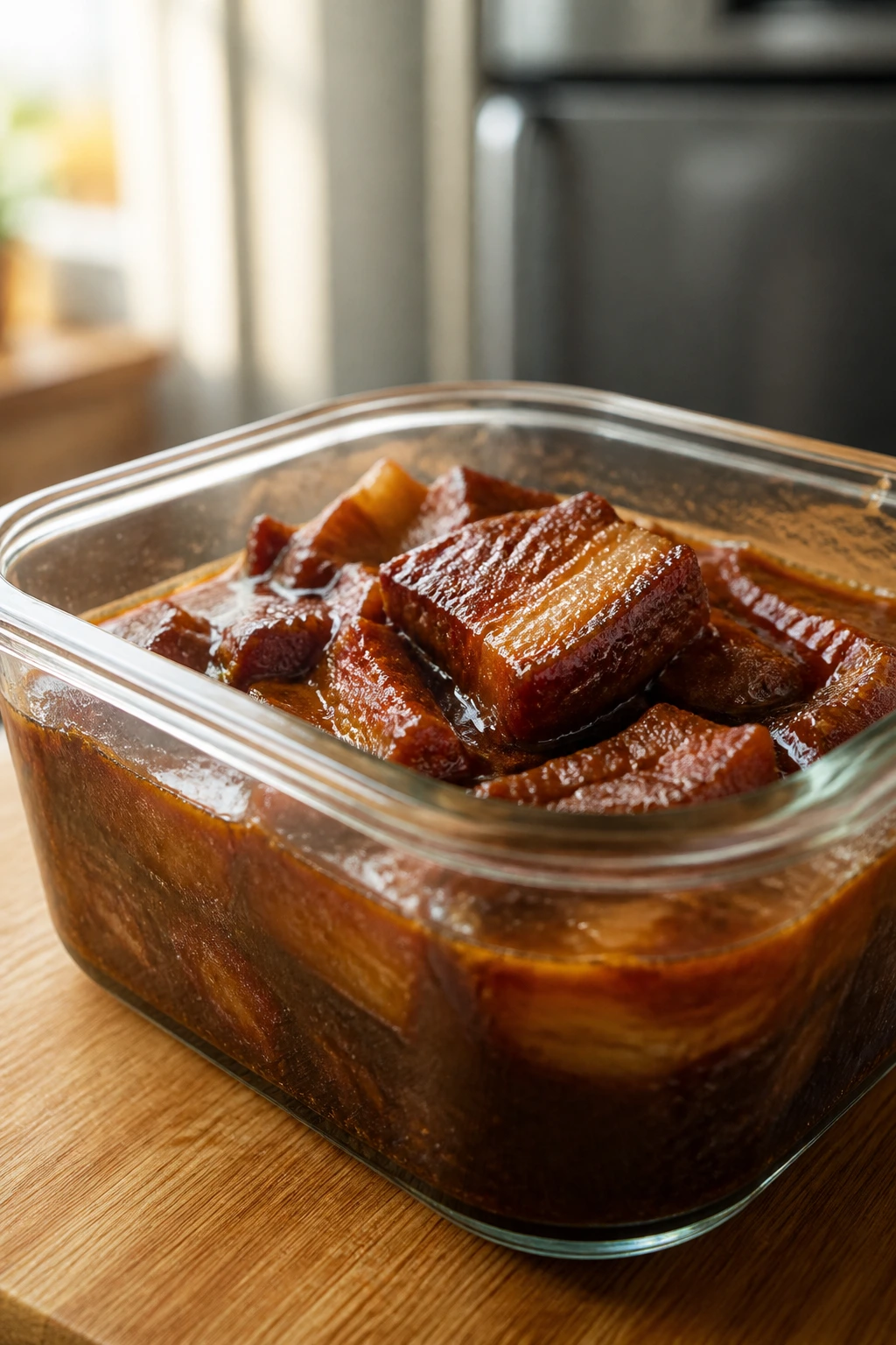 Close-up of pork belly in a glass storage container, illustrating make-ahead storage and reheating concept