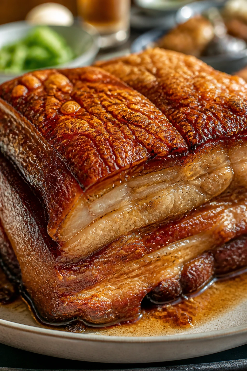 Plated pork belly with crackling on a Sunday table setup
