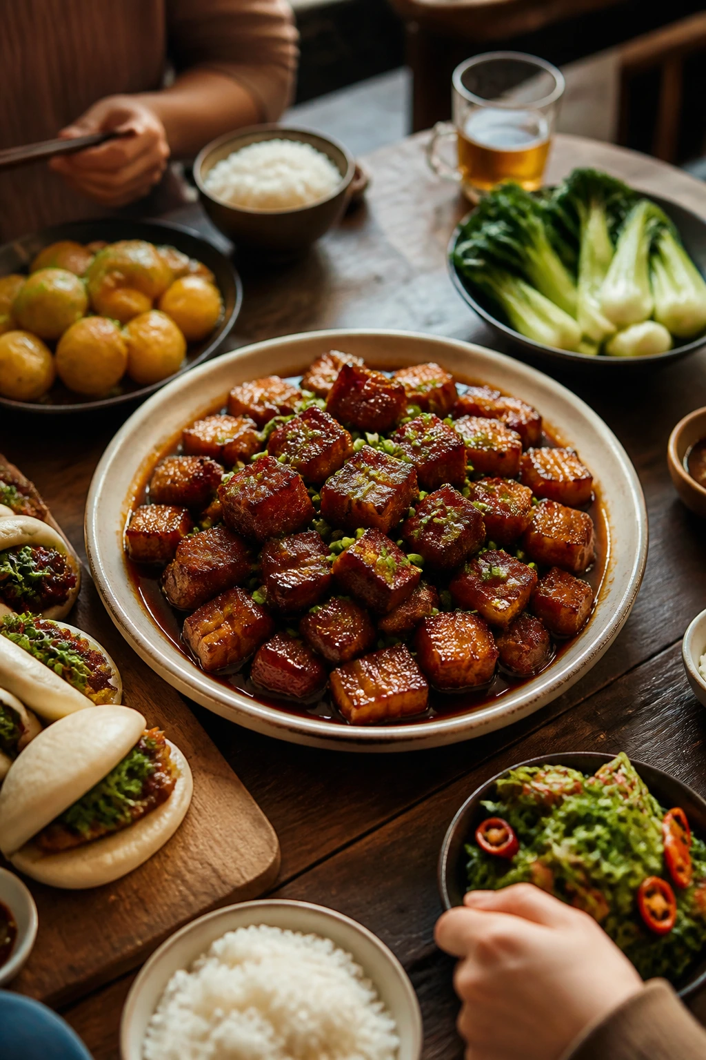 Rustic dining table with braised pork belly and sides for a gathering
