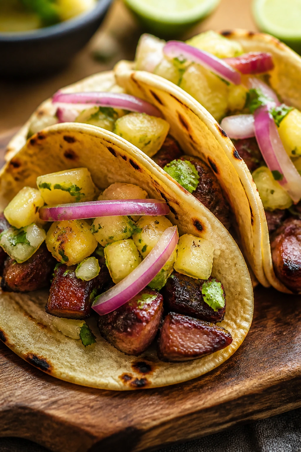 Pork belly tacos with pineapple and red onion