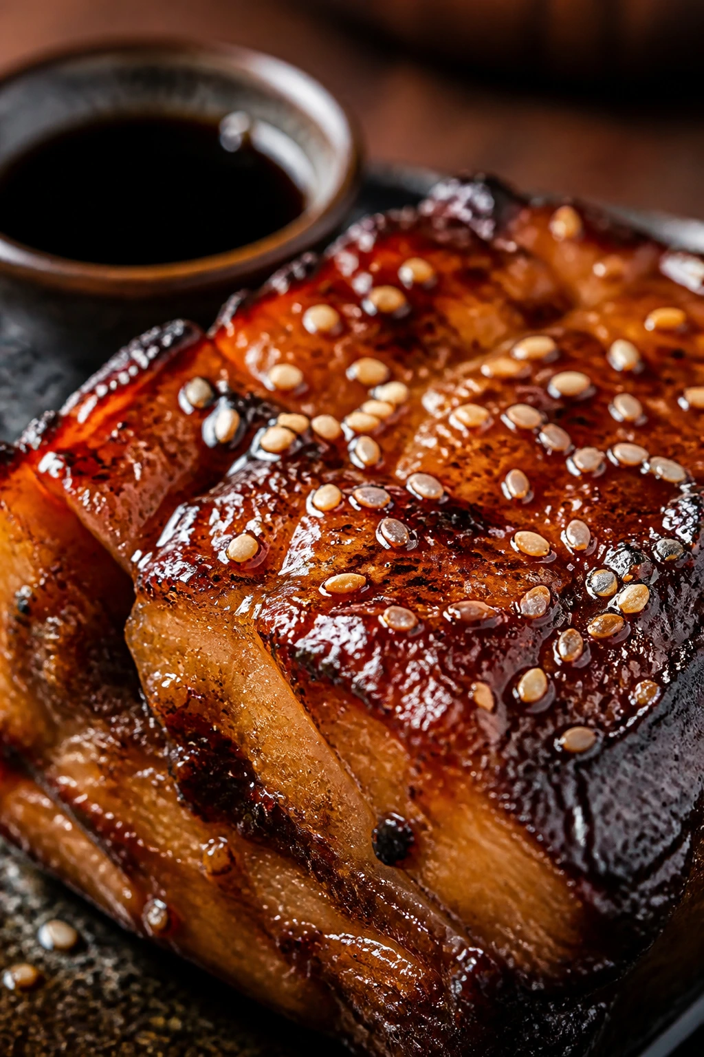 Glossy pork belly with sesame and a small dark vinegar dish suggesting extra tips