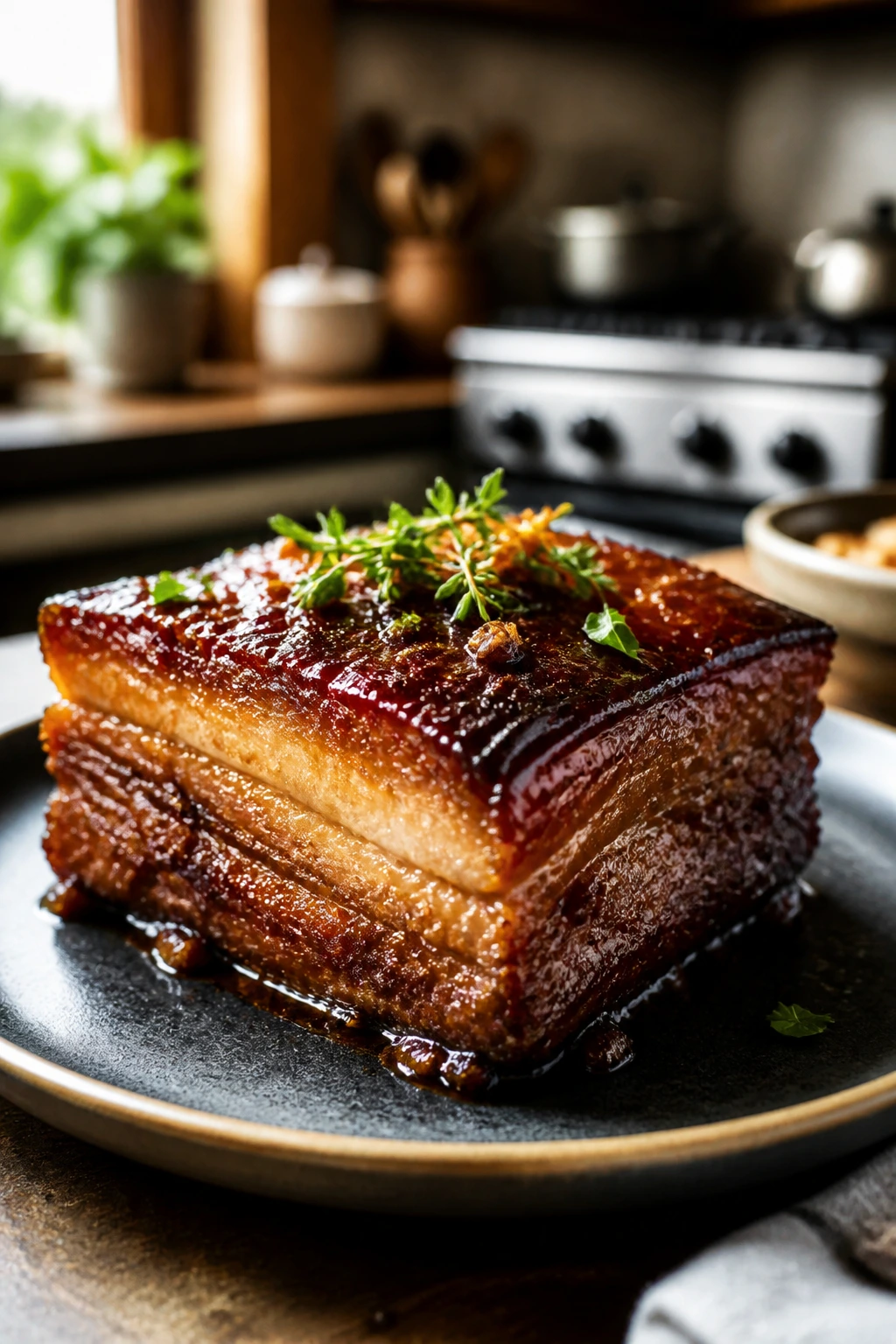 Close-up of glazed pork belly slice showing variations in glaze and herbs