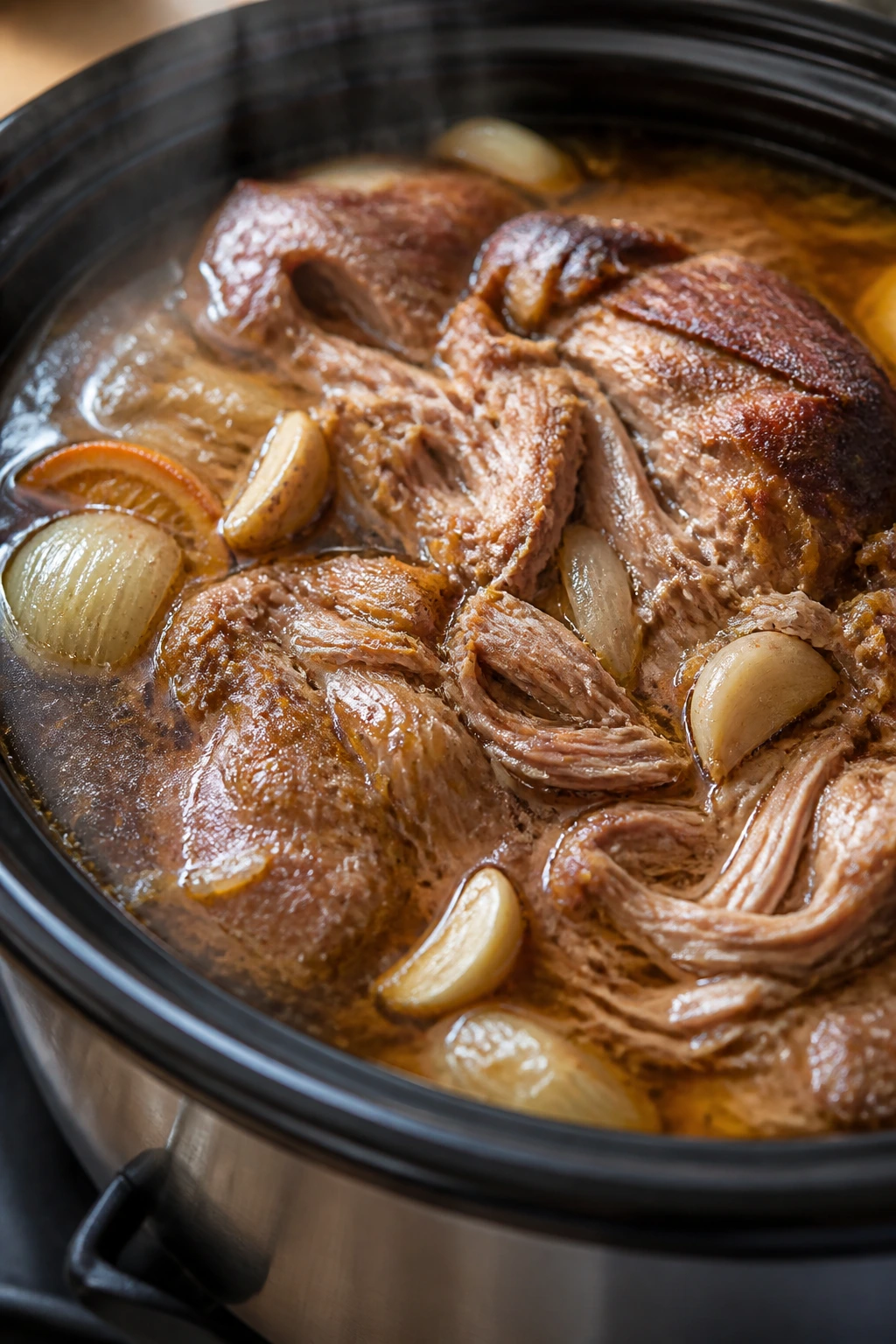 Pork carnitas braising with onions and aromatics in pot