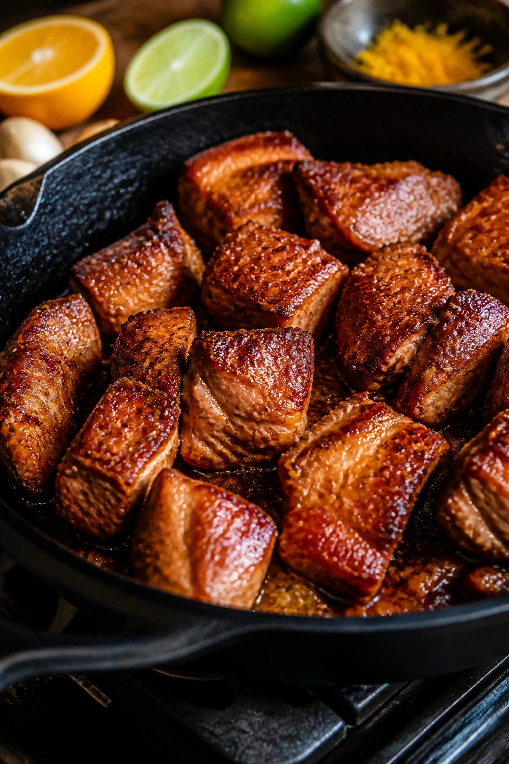 Searing pork carnitas in a skillet with caramelized edges