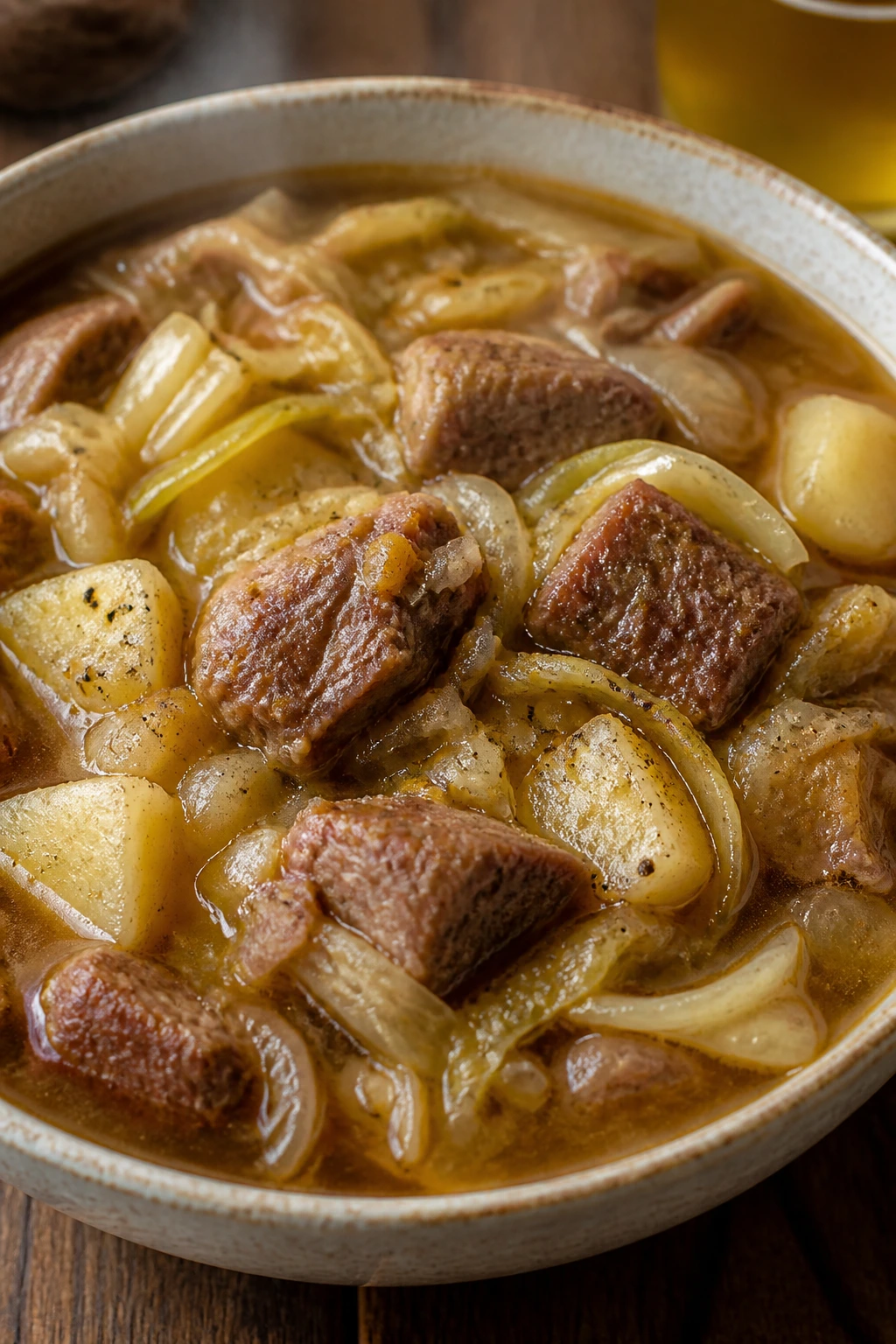Close-up of pork apple cider cabbage stew in a rustic bowl