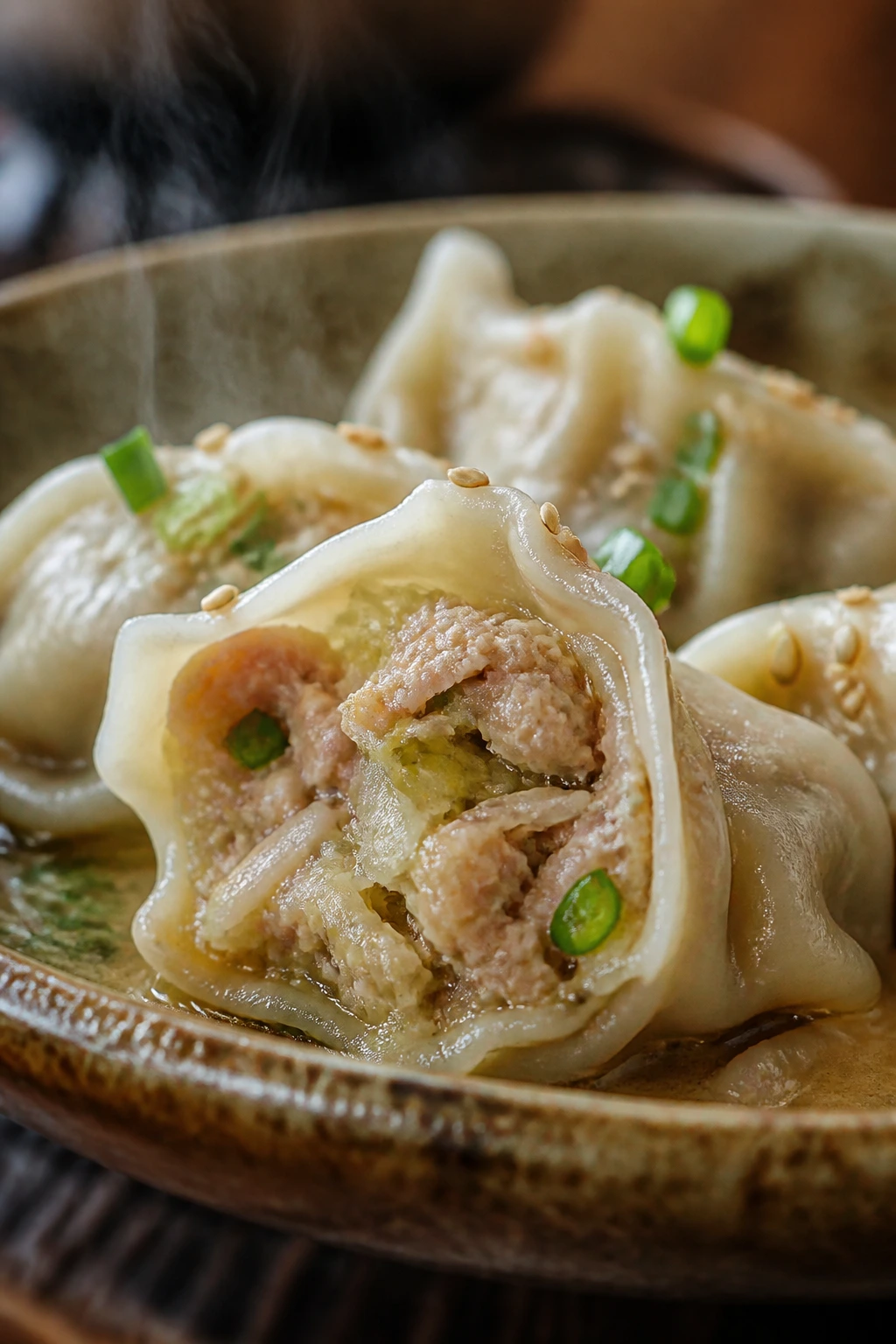 Close-up of pork cabbage ginger dumplings with sesame on a bowl.