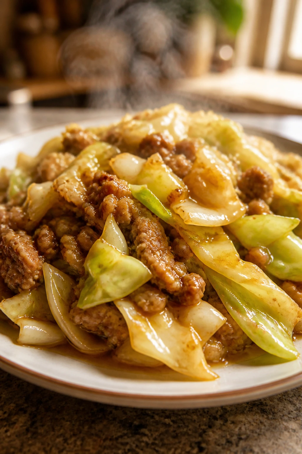 Close-up of pork and cabbage stir-fry on a plate with glossy sauce